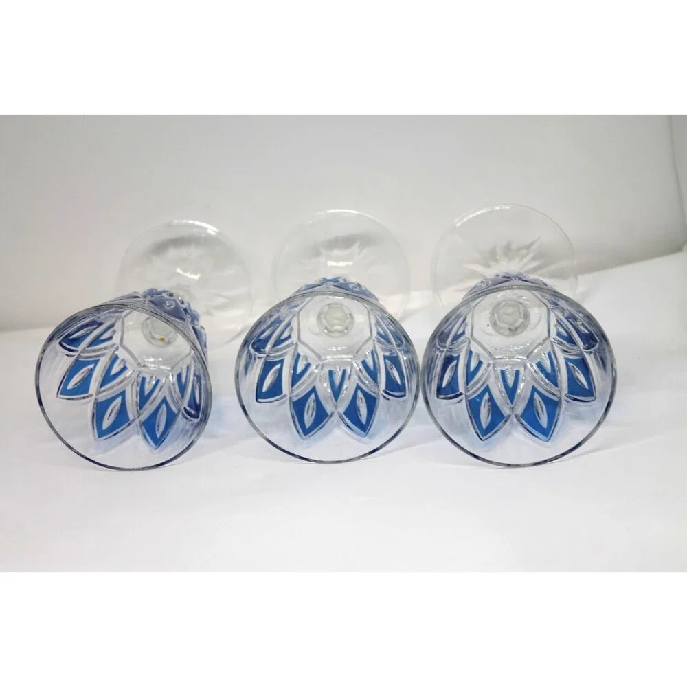 50’s MCM French Diamond Cut Crystal Wine Glasses by VMC Reims S/3 Blue